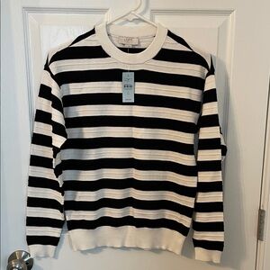 LOFT Women's Black and White Striped Crewneck Sweater